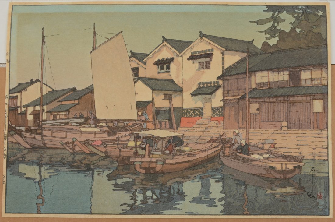 HIROSHI YOSHIDA WOODBLOCK KURA IN TOMONOURA: YOSHIDA, Hiroshi, (Japanese, 1876-1950): "Kura in Tomonoura", from the series "Inland Sea - Second Series", Woodblock, 10" x 15" with margins, signed lower right, titled lower left, Jizuri seal in lef