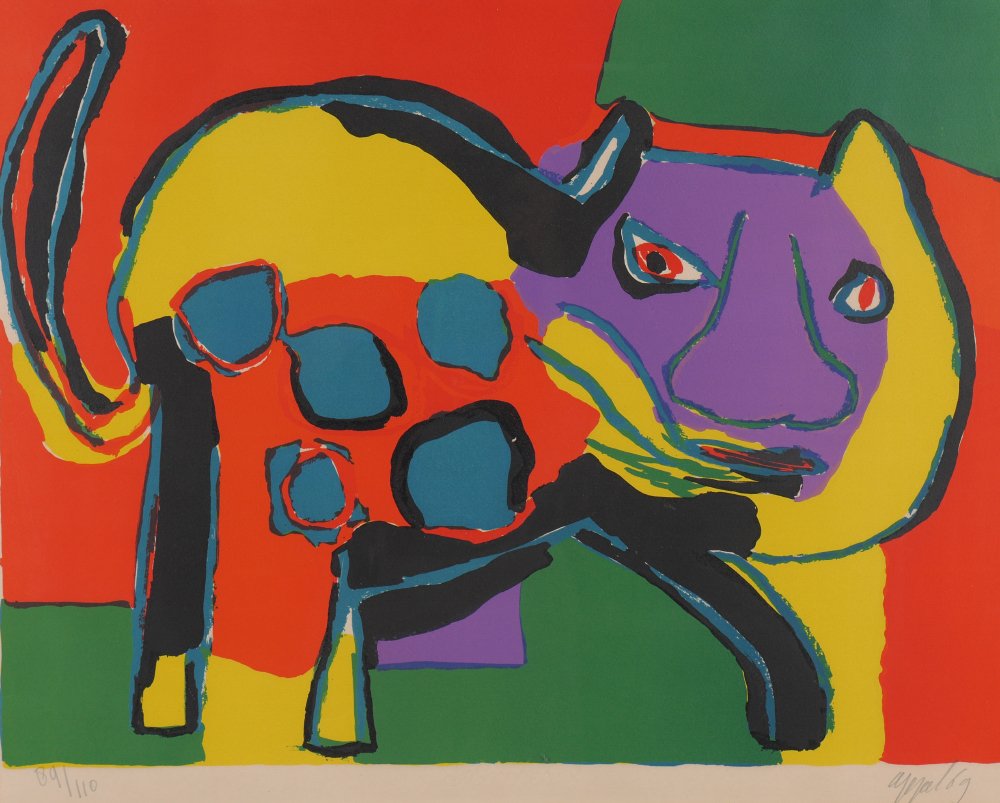 KAREL APPEL LITHOGRAPH "MIAOW": APPEL, Karel, (Dutch, 1921-2006): "Miaow", Lithograph, sight size 20.75" x 25.75", pencil signed lower right, dated '69, numbered 89/110 lower left, metal frame, 29" x 35".