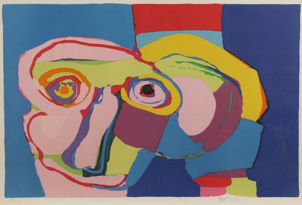 KAREL APPEL 'HEAD' LITHOGRAPH: APPEL, Karel, (Dutch, 1921-2006): Head, Lithograph, 28.25" x 41.5", pencil signed lower right and dated 1970, numbered 45/100, unframed, wrapped in plastic with acid-free board backing.