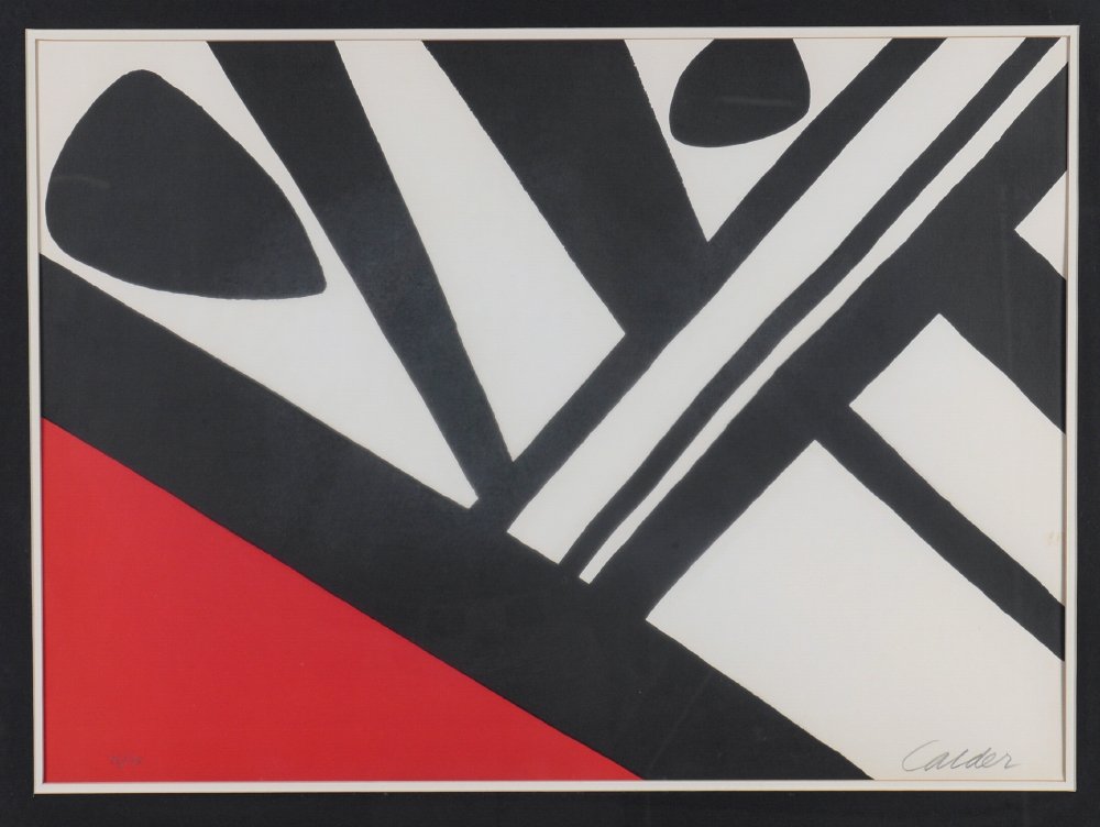 CALDER LITHOGRAPH "L'ACIER DU CONSTRUCTEUR": CALDER, Alexander, (American, 1898-1976): "L'Acier du Constructeur", Lithograph, sight size 21" x 28.5", pencil signed lower right, numbered 56/75 lower left, framed, 30" x 58".