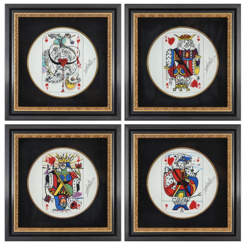 4 SALVADOR DALI PLAYING CARDS LIMOGES PLATES: DALI, Salvador, (Spanish, 1904-1989): 4 framed Playing Cards series limited edition plates, circa 1967, #135/2000. Marked on back "Puiforcat", made in France, Carte a jouer par Salvador Dali 1967, Lim