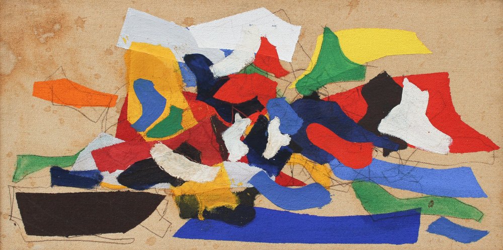 ROBERT GOODNOUGH 'HAPPY BOAT TRIP' PAINTING: GOODNOUGH, Robert Arthur, (American, 1917-2010): "Happy Boat Trip", Oil/Canvas, 8" x 16", signed verso on canvas, original label affixed verso from Gertrude Kasle Gallery, edged wood frame, 8.75" x 16