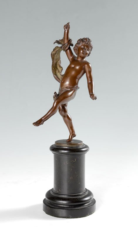 FRANZ IFFLAND BRONZE PUTTI: IFFLAND, Franz, (German, 1862-1935): Bronze figure of a putti and sash on black stone plinth. Signed F. Iffand, and partial German mark. Putti 6 1/2" h., overall 10" x 2 3/4".