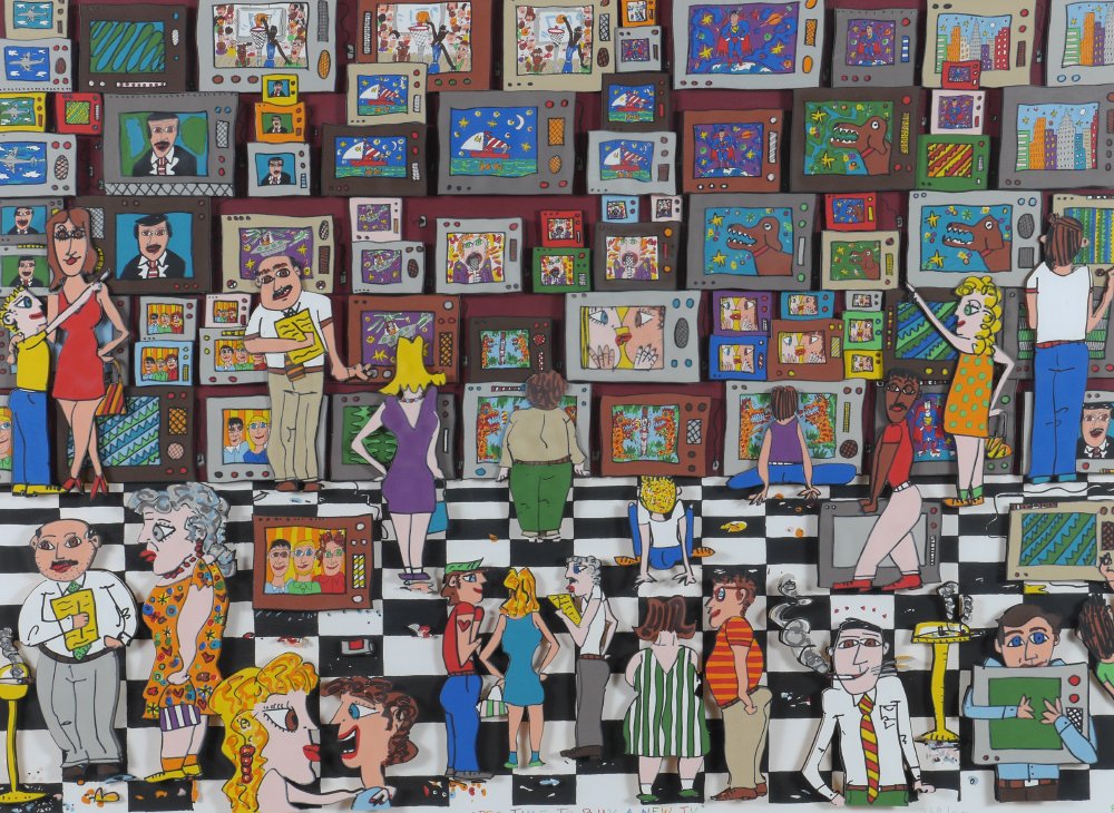 LARGE RIZZI 3D LITHOGRAPH IT'S TIME TO BUY A NEW TV: RIZZI, James, (American, 1950-2011): "It's Time to Buy a New TV", 3-D Lithograph, sight size 27.5" x 37", pencil signed lower left, titled in margin and numbered 269/350 lower right and dated '89, cus