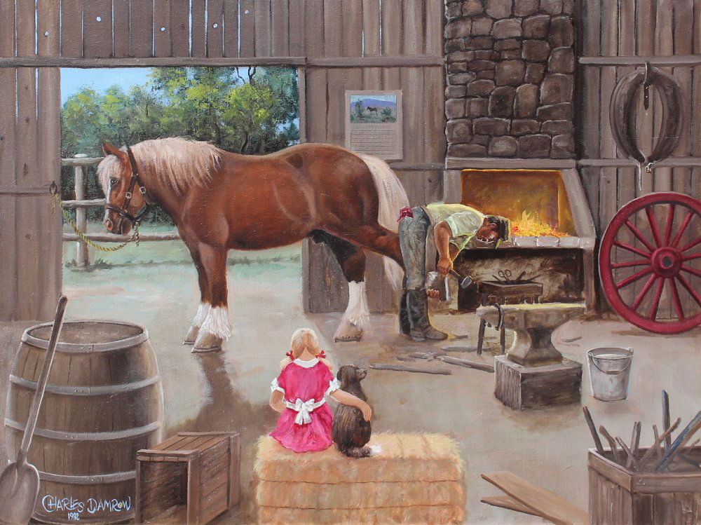 CHARLES DAMROW BLACKSMITH PAINTING: DAMROW, Charles, (American, 1916-1989): Shoeing a Belgian Horse with Audience, Oil/Canvas, 22" x 30", signed lower left and dated 1982, custom wood frame, 25.5" x 33.5".