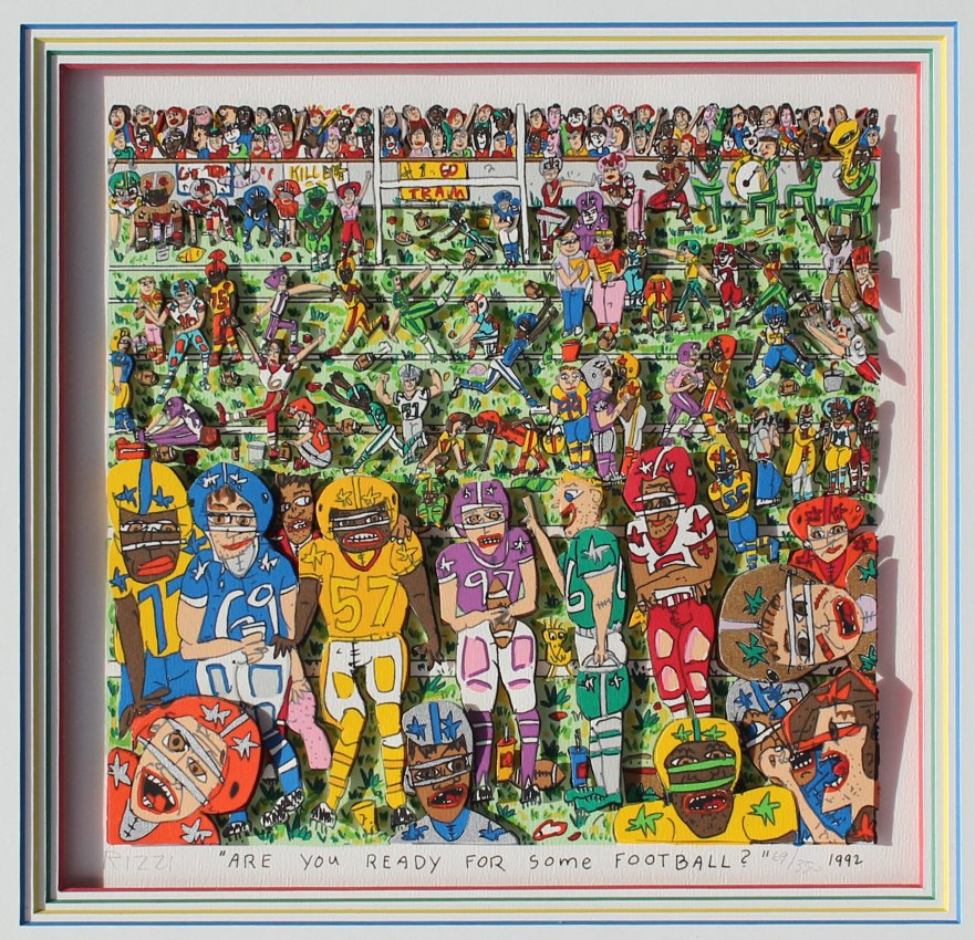RIZZI 3D LITHOGRAPH ARE YOU READY: RIZZI, James, (American, 1950-2011): "Are You Ready for Football?" 3-D Lithograph, 9.25" x 9.75" with margins, pencil signed lower left, titled in lower margin, numbered 69/350 and dated 1992 lower ri