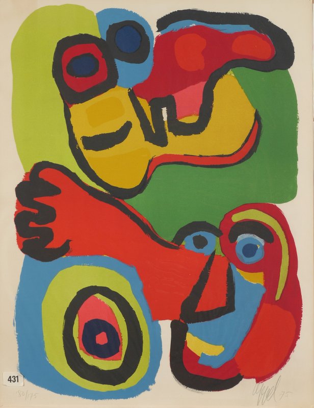 KAREL APPEL LITHOGRAPH "SEEING EYES": APPEL, Karel, (Dutch, 1921-2006): "Seeing Eyes", Lithograph, 25.75" x 19.5", pencil signed lower right and dated '75, numbered 80/175 lower left, unframed, under plastic attached to cardboard backing.