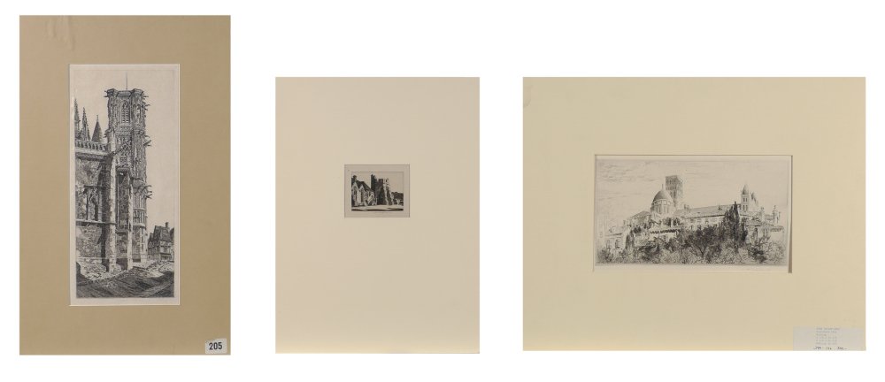 3 PIECE JOHN TAYLOR ARMS ETCHING LOT: ARMS JR, John Taylor, (American, 1887-1953): 1) "Angouleme,1924", Etching, 8.75" x 13.5" with margins, pencil signed lower right and dated 1914, affixed in mat and backing with museum quality corners;