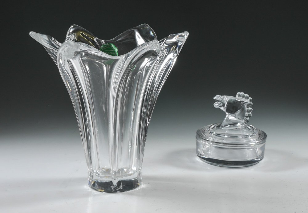 2 PIECE VANNES FRENCH CRYSTAL VASE & COVERED BOX: 2 PIECE VANNES FRENCH CRYSTAL VASE & COVERED BOX: 2 pieces total by Vannes to include 1) Large vase with original tag, 11 3/4" h. x 11 3/4" dia. 2) Covered dresser box, lid with horse head finial, ove
