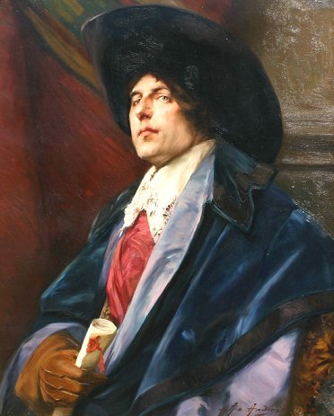 ALEX DE ANDREIS CAVALIER PAINTING: ANDREIS, Alex de, (Belgian, 1871-1939): Cavalier Messenger, O/C, 32'' x 26'', signed and dated 1920, old John Levy Galleries label verso, exceptional period gilded gesso frame, with minor wear. Some m