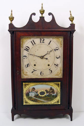 19th C EPHRAIM DOWNES MANTLE CLOCK: 19th C EPHRAIM DOWNES MANTLE CLOCK: Mahogany case, hand painted face, two part glass front with original tablet. Key and pendulum included. The case shows age relevant wear. 30 1/2'' x 16 3/4'' x 4 3/