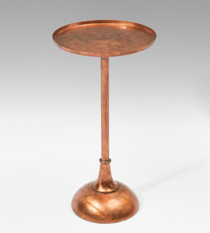 DIRK VAN ERP ARTS & CRAFTS HAMMERED COPPER TABLE: DIRK VAN ERP ARTS & CRAFTS HAMMERED COPPER TABLE: Round top with upturned edge, straight column shaft support, rounded weighted base, well-marked with Dirk Van Erp San Francisco windmill mark. Overall