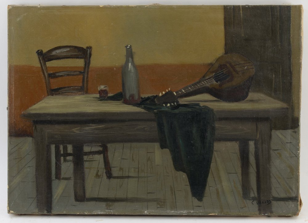EARLY CLAUDE VENARD INTERIOR STILL LIFE PAINTING W: VENARD, Claude, (French, 1913-1999): Interior Scene Still Life with Mandolin, Wine Bottle and Chair, Oil/Canvas, 13'' x 18'', signed lower right, unframed.