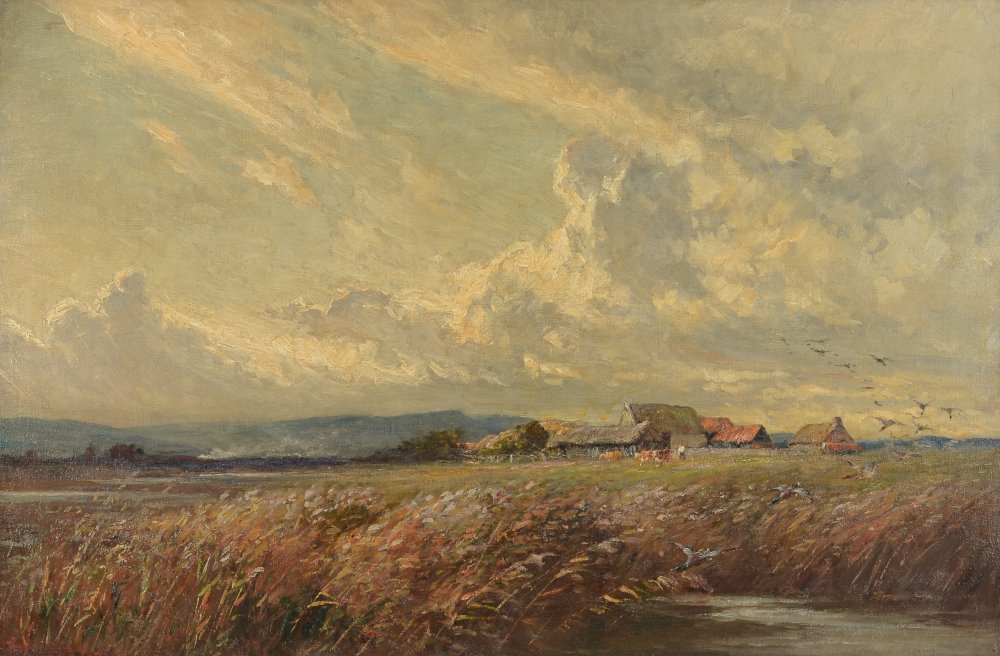 EXHIBITED FREDERICK WHITEHEAD PAINTING OF MALLARDS: WHITEHEAD, Frederick, (English, 1853-1938): ''Mallards Flighting into a Marsh'', Oil/Canvas, 24'' x 36'', signed lower left, exhibition label affixed verso, framed, 28'' x 40''. Exhibited at the Spiva