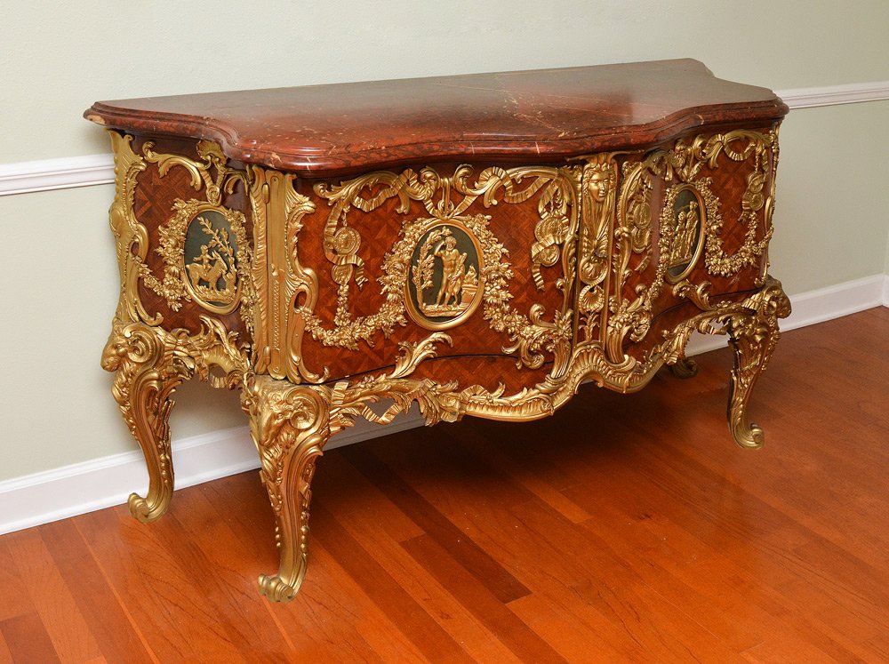 AFTER ANTOINE GAUDREAU LOUIS XV STYLE MOUNTED COMMODE: AFTER ANTOINE GAUDREAU LOUIS XV STYLE MOUNTED COMMODE: An exquisite nearly identical copy of the rococo commode commissioned by Louis XV to Antoine Gaudreau to house his coin collection in Le Cabinet 