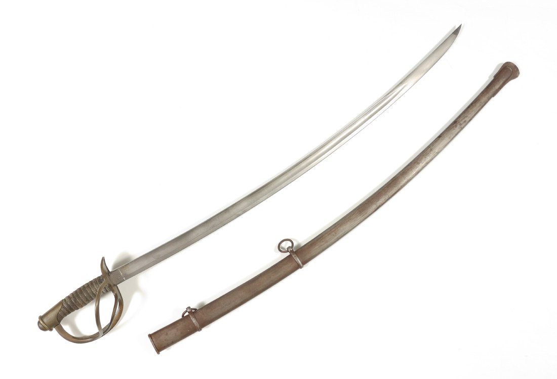 CIVIL WAR 1860 CAVALRY SWORD / SABER: CIVIL WAR 1860 CAVALRY SWORD / SABER: Brass hilt with ray skin covered grip, original twist wire. Friederich Potter marked 34 3/4'' blade, lightly etched with typical US military motifs. Iron scabbard