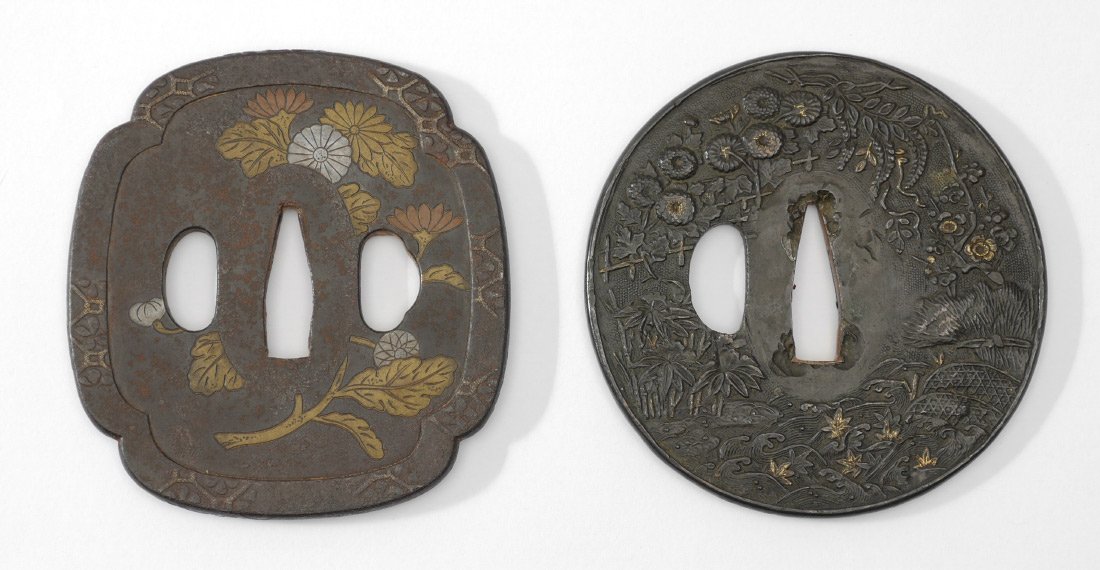 2 PIECE LATE EDO JAPANESE SWORD TSUBAS: 2 PIECE LATE EDO JAPANESE SWORD TSUBAS: 2 pieces total circa early 19th century to include 1) San Mai Awase style iron, sandwich type, floral landscape motif, 3 1/4'' dia. 2) Shaomi school, Mokko shap
