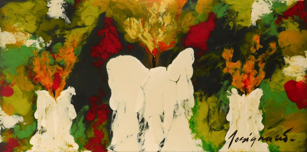 LARGE JOSIGNACIO CUBAN PAINTING CANDLE LIGHT: RIUS, (Josignacio) Jose Ignacio, (Cuban/Florida, 1963-): Abstract Composition of 3 Lit Candles, Plastic Paint/Board, sight size 47.5" x 96", signed lower right, framed, 55" x 102". Josignacio is one o