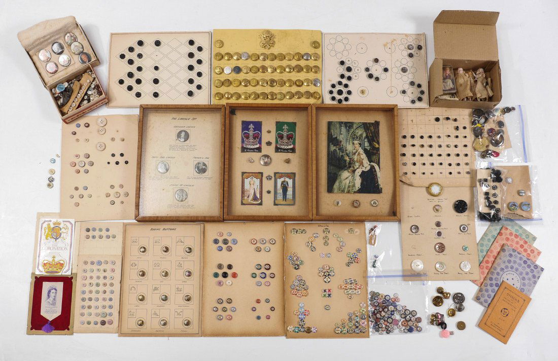LARGE VINTAGE AND ANTIQUE BUTTON COLLECTION: LARGE VINTAGE AND ANTIQUE BUTTON COLLECTION: Way too many to catalog, to include military, enamel, plastic, black glass, mother of pearl, calico, Queens Crowns, china, Lincoln set, and many more. Some