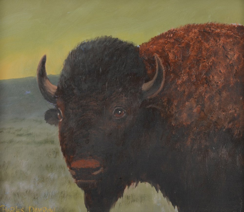 CHARLES DAMROW BUFFALO! OIL PAINTING: DAMROW, Charles, (American, 1916-1989): ''Buffalo!'', Oil/Masonite, 12'' x 14'', signed lower left, custom frame, 22.25'' x 24.25''. Damrow was the youngest of 15 children and was a self-taught artist