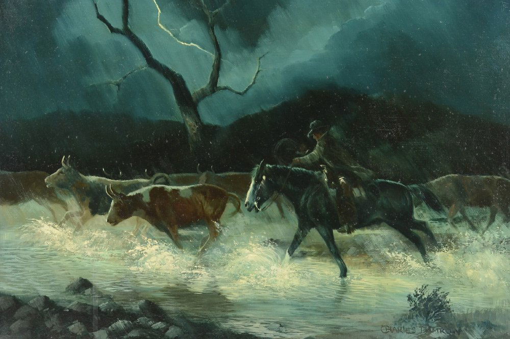 CHARLES DAMROW PAINTING BOO AND SHOO: DAMROW, Charles (American, 1916-1989): "Boo and Shoo", Depicts Cowboy Herding Cattle Across a Stream During Lightning Storm at Night, Oil on Canvas, 16" x 24", signed lower right, framed, 20" x 27.5".