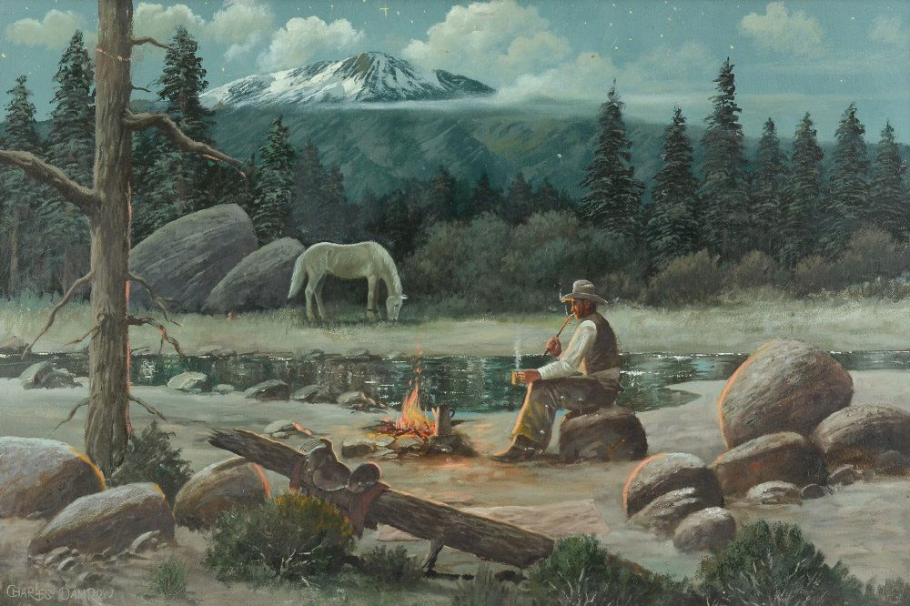 CHARLES DAMROW COWBOY CAMPFIRE PAINTING: DAMROW, Charles (American, 1916-1989): "Cowboy Campfire", Oil on Masonite, 24" x 36", signed lower left, custom frame, 27.5" x 39.5".