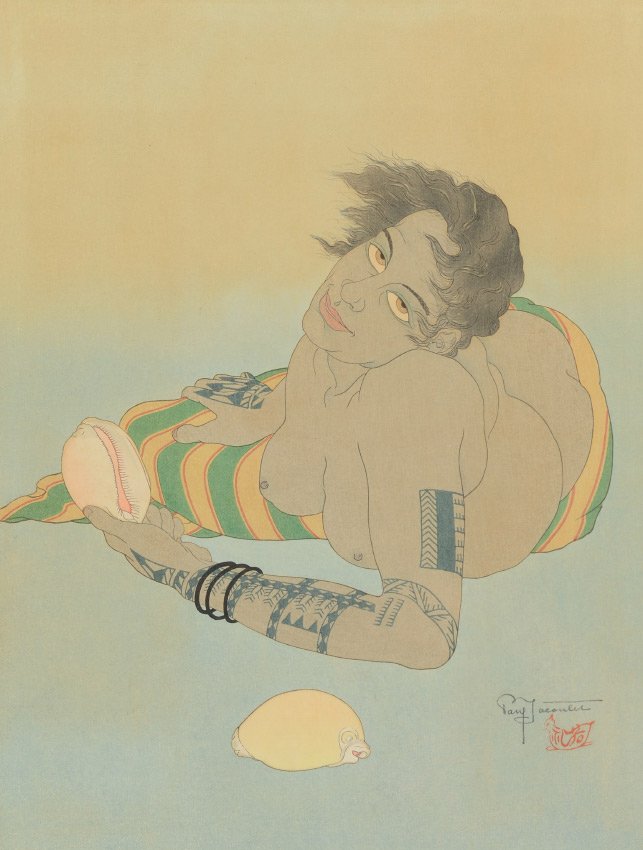 PAUL JACOULET WOODBLOCK PRINT SERIE MOLLUSQUES: JACOULET, Paul, (French, 1896-1960): Femme De Falalap Et Coquillages, "Serie Mollusques", Woodblock, 15.25" x 11.5", pencil signed lower right, framed, 21.5" x 16".