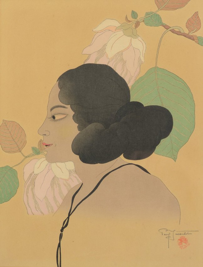 PAUL JACOULET WOODBLOCK PRINT FLEURS VIOLETTES 1937: JACOULET, Paul, (French, 1896-1960): "Fleurs Violettes" 1937, Woodblock, 15.25" x 11.5", signed lower right, original frame, 21.5" x 16".