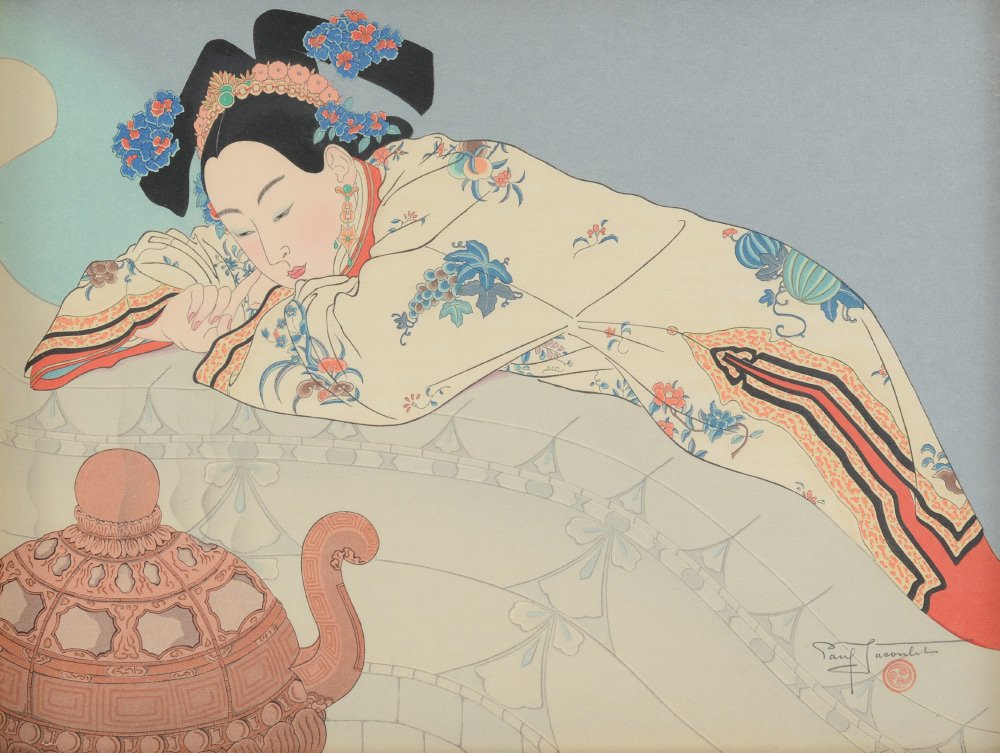 PAUL JACOULET WOODBLOCK PRINT FUMES DE SANTAL: JACOULET, Paul, (French, 1896-1960): "Fumes De Santal", Woodblock, 11.5" x 15.25", pencil signed lower right, original frame with embroidered mat, 17" x 20.5".
