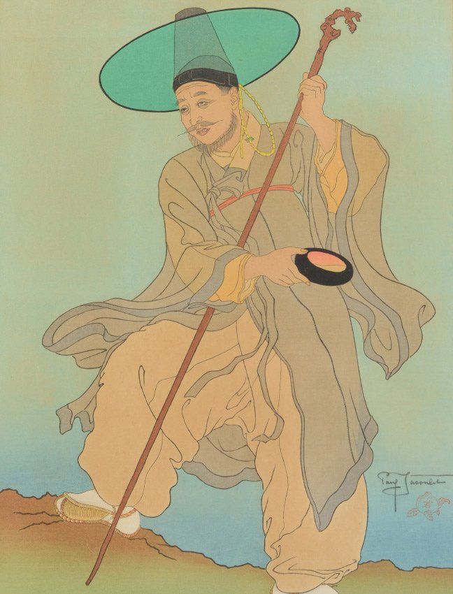 PAUL JACOULET WOODBLOCK PRINT LE BONZE ERRANT: JACOULET, Paul, (French, 1896-1960): "Le Bonze Errant", Woodblock, 15.25" x 11.75", pencil signed lower right, original frame, 21.25" x 16".