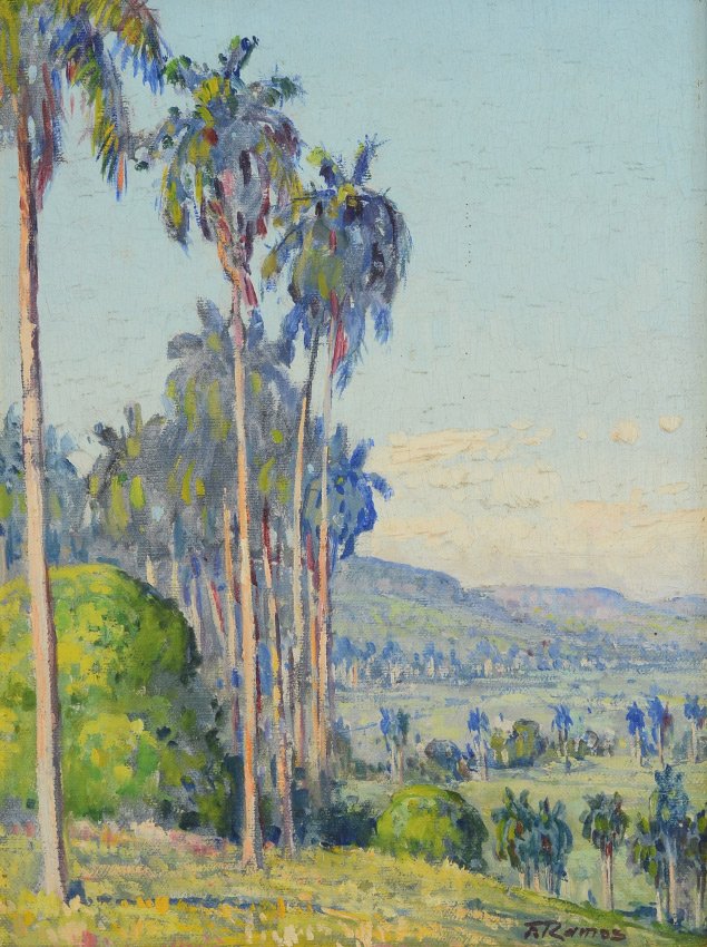 FELIX RAMOS ATMOSPHERIC TROPICAL LANDSCAPE PAINTING: RAMOS, Felix, (Cuban, 1919-93): Atmospheric Tropical Scene with Palms, Oil/Canvas, 12" x 9", signed lower right, framed, 18.5" x 15.5".