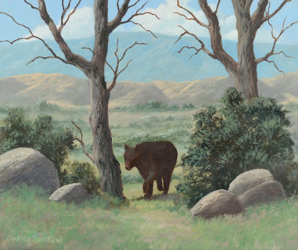 CHARLES DAMROW PAINTING BROWN BEAR: DAMROW, Charles, (American, 1916-1989): Brown Bear, Oil/Masonite, 20" x 24", signed lower left, framed, 28.5" x 32.5".