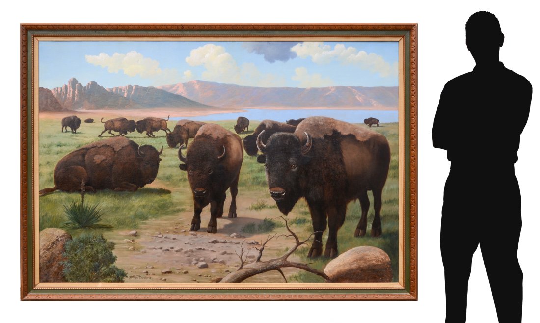 PALATIAL CHARLES DAMROW BUFFALO HERD PAINTING: DAMROW, Charles, (American 1916-1989): "Buffalo Herd", Oil on Canvas, laid down on board 47.5" x 71.75", signed lower left, framed 54.5" x 79".