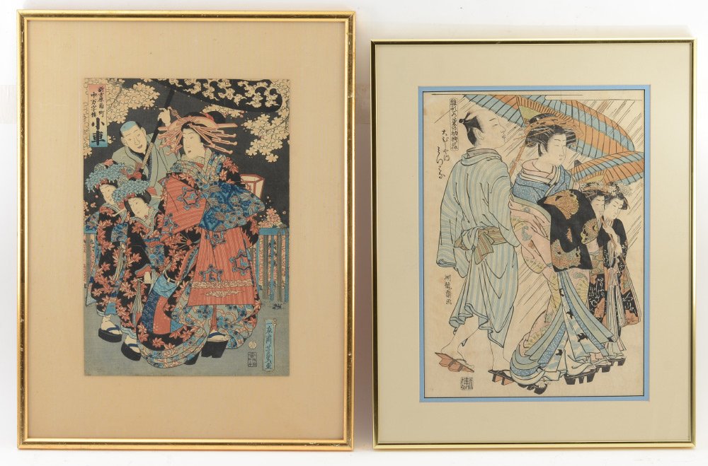 2 PIECE UKIYO-E JAPANESE WOODBLOCK PRINT LOT: 2 PIECE UKIYO-E JAPANESE WOODBLOCK PRINT LOT to include 1) Depicts mother with children strolling under an umbrella, 13.25" x 9.625", framed 20.5" x 16"; 2) Depicts family strolling under umbrellas, 1