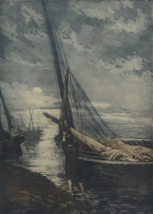 LAFITTE (MANUEL ROBBE) ETCHING/AQUATINT: ROBBE, Manuel, (French, 1872-1936): "Tending the Nets By Moonlight", Etching and Aquatint, 24" x 17.5" with margins, pencil signed lower right, numbered 86 lower left, signed in the plate lower left, 