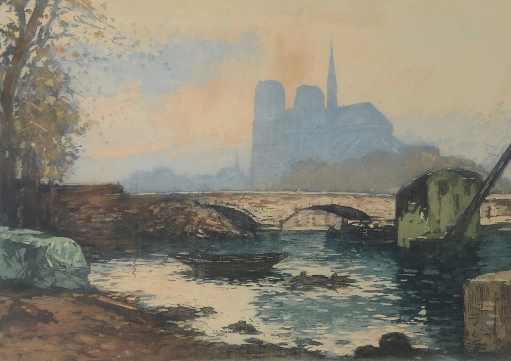 MANUEL ROBBE PONT DE L'ARCHEVECHE ETCHING: ROBBE, Manuel, (French, 1872-1936): "Pont De L'Archeveche", Etching and Aquatint, 13.5" x 18.5", signed lower right, numbered 305 lower left, painted frame 20" x 24.5".