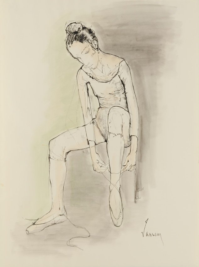 JEAN JANSEM BALLERINA MIXED MEDIA PAINTING: JANSEM, Jean, (French-Armenian, 1920-2013): Young Ballerina Tying Her Shoes, Marker and Watercolor on Paper, 30" x 22.25", signed lower right, unframed.