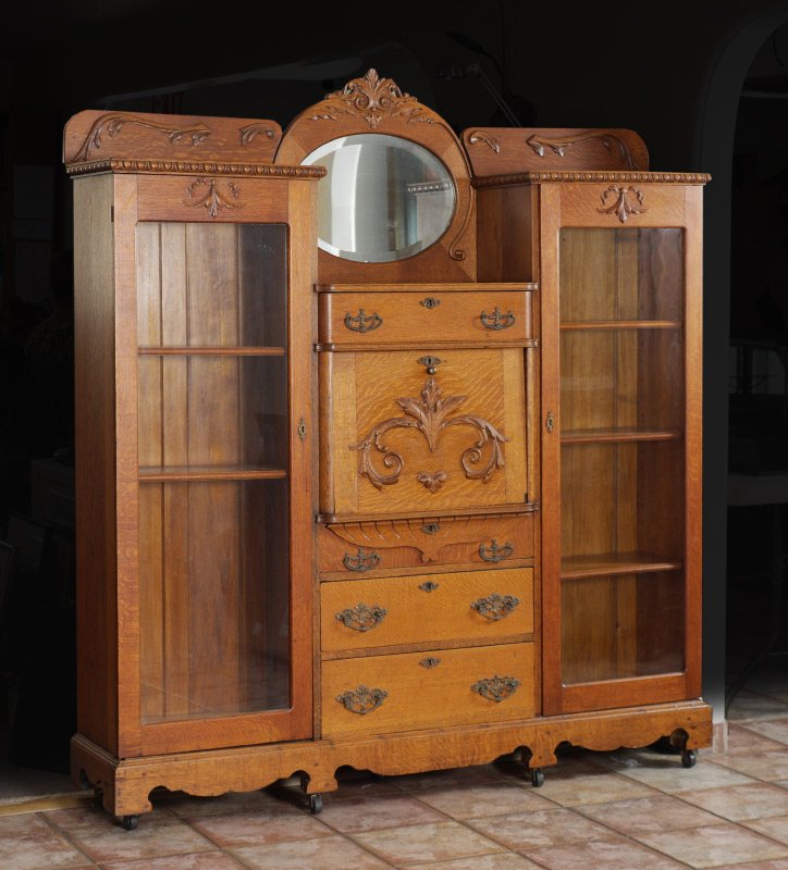 CARVED OAK DOUBLE SECRETARY BOOKCASE