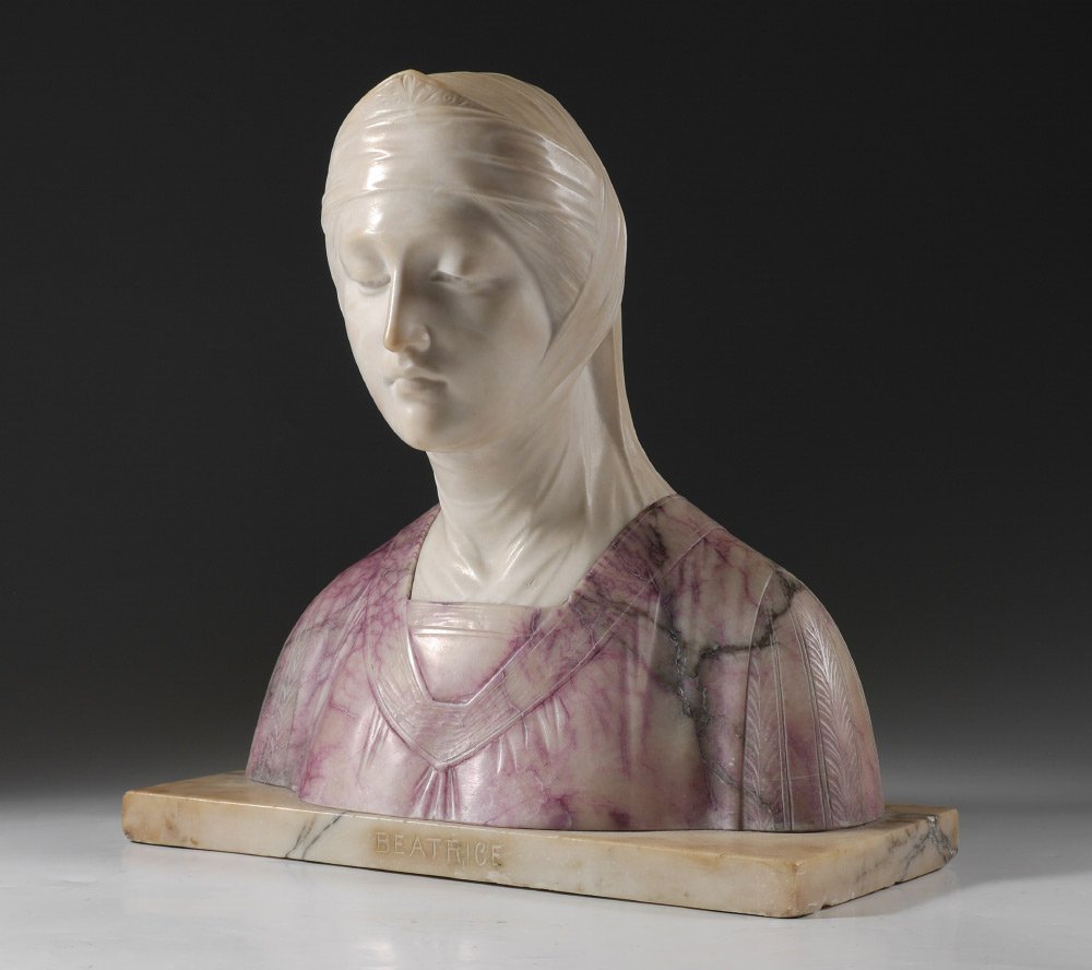 G BESSI ALABASTER BUST OF BEATRICE: BESSI, Professor Giuseppe, (Italian, 1857-1922): "Beatrice", Alabaster Bust, 14.5"h. x 7.25" x 14", title to front of base, signed verso Prof. G. Bessi.