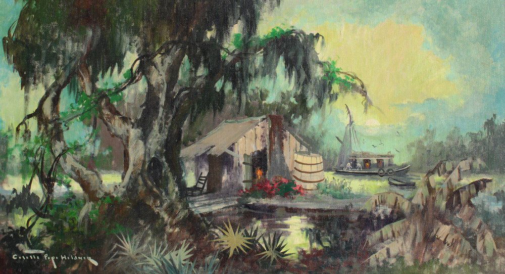 COLETTE POPE HELDNER SWAMP IDYLL PAINTING: POPE HELDNER, Colette, (American, 1902-1990): ''Swamp Idyll (Louisiana Bayou Country)'', Oil on Canvas, 20'' x 36'', signed lower left, framed, 24'' x 40'', titled and signed verso. ''One of the more