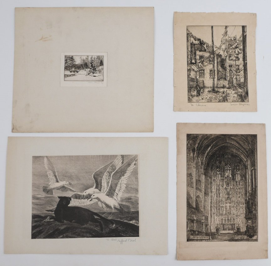 4 PIECE ART STUDENTS LEAGUE ART LOT: 4 PIECE ART STUDENTS LEAGUE ART LOT: 1) GRANGER, Jesse Carey, (?), Church Interior, 18" x 10" with margins, pencil signed lower right, indicated lower left one state one proof; 2) HAYNES, Lucille, (Am