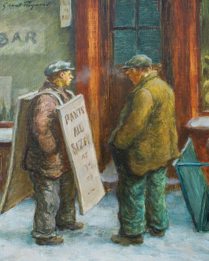 GRANT REYNARD PAINTING ASHCAN SCHOOL-STYLE SCENE: REYNARD, Grant, (American, 1887-1968): ''Pants All Sizes'', Scene in Ashcan Style, Oil on Masonite, 12'' x 10'', signed upper left, framed, 17'' x 15''. Reynard was an artist and illustrator, whose wo
