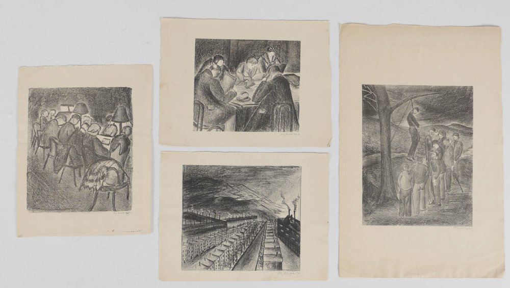 4 GRANT ARNOLD LITHOGRAPHS: ARNOLD, Grant, (American, 1904-1988): 4 Lithographs to include 1) Prison Camp, 9.25" x 12.25", signed lower right, dated 1930, unframed; 2) Interior Scene, Possibly a Library with Figures, 12.5" x 9.5