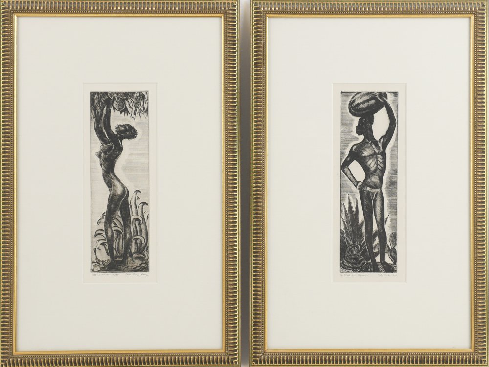 2 POLLY KNIPP HILL ETCHINGS: KNIPP HILL, Polly, (American, 1900-1990): Lot of 2 Etchings, 1) ''Black Boy Beware'', 10.5 x 4, pencil signed lower right, titled lower left, numbered 10/30 framed, 19.5'' x 13''; 2) ''Mango Maiden'',