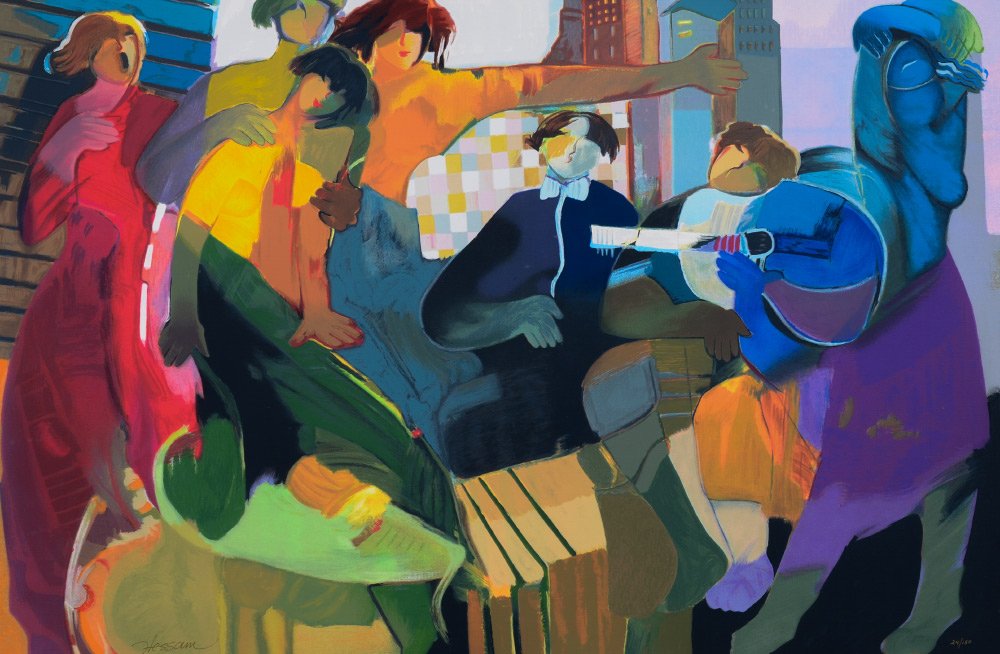 LARGE HESSAM ABRISHAMI SERIGRAPH ON CANVAS: ABRISHAMI, Hessam, (American/Iranian, 1951-): ''Musical Jam Session'', serigraph on canvas, stretched on wood stretcher, 29.5'' x 44.5'', signed lower left, numbered lower right 24/150, custom frame,