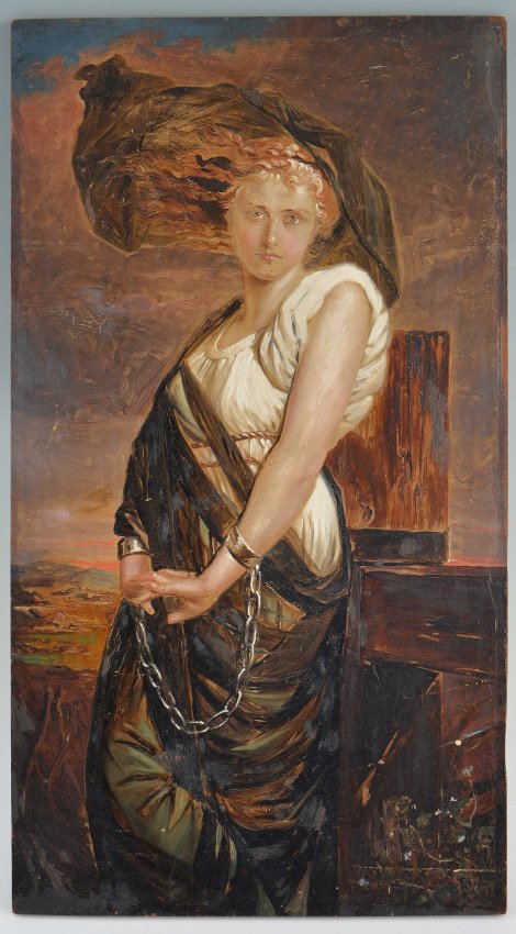PRE-RAPHAELITE PAINTING OF A BEAUTY IN CHAINS: PRE-RAPHAELITE PAINTING OF A BEAUTY IN CHAINS: Oil on Chamfered Wood Panel, 22.125" x 12.25", illegible monogram lower right with possible date, late 19th or early 20th century, unframed.
