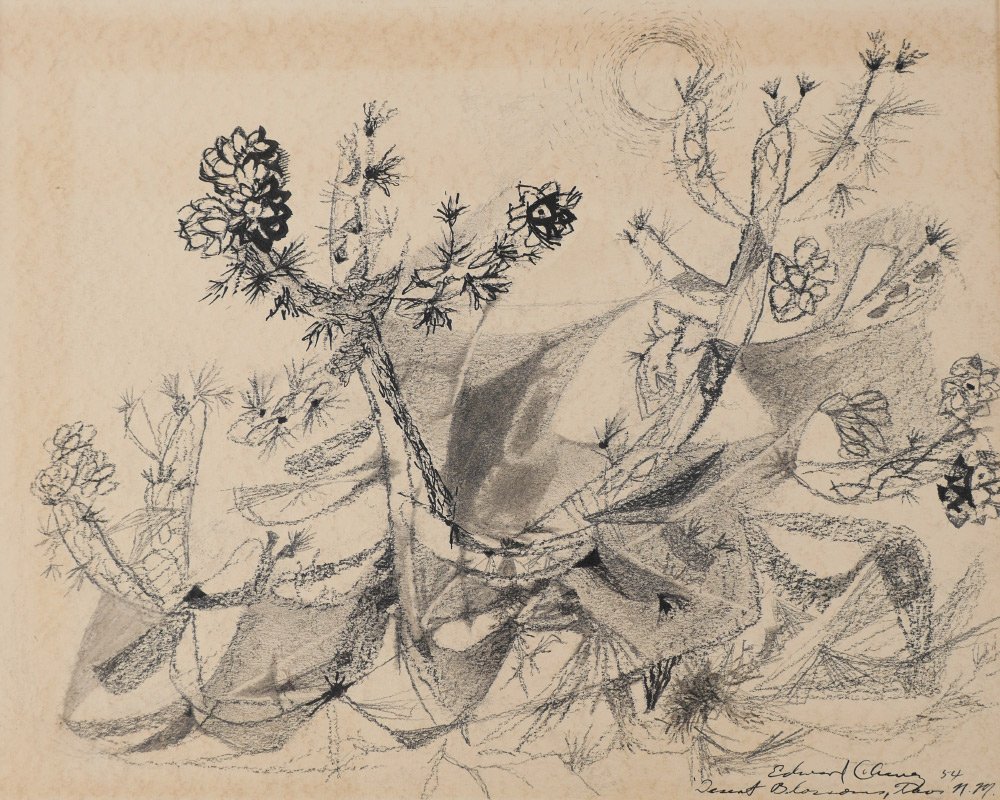 EDWARD CHAVEZ DESERT BLOSSOMS TAOS NM: CHAVEZ, Edward, (American, 1917-1995), "Desert Blossoms, Taos, New Mexico", Mixed Media, Pen and Ink with Pencil, 10.75" x 13.5", signed lower right, dated '54, titled lower right, matted, 15" x 18". 