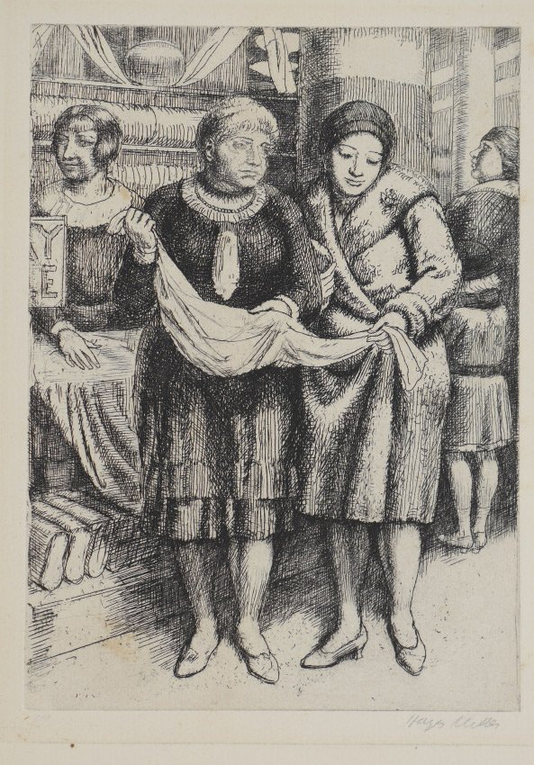 KENNETH HAYES MILLER ETCHING SHOPPING: MILLER, Kenneth Hayes, (American, 1876-1952): "Leaving the Shop", Etching,9.5" x 12.25", pencil signed lower right, matted, 18" x 14". Provenance: Estate Collection of Christian Buchheit.
