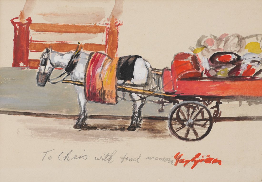 EDMUND YAGHJIAN PAINTING OF A HORSE CART: YAGHJIAN, Edward, (Armenian/American, 1903-1997): "Work Horse", Watercolor, 6.5" x 9.5", signed and dedicated in the lower margin "to Chris with fond memories", artist's label attached verso, matted 1