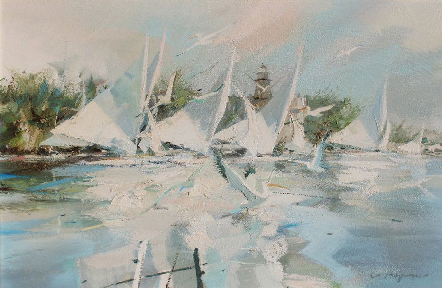 CHARLES GRUPPE PAINTING PELICANS - TORTUGAS: GRUPPE, Charles, (American, 1928-): "Pelicans - Tortugas", Oil on Masonite, 24" x 36", signed lower right, artist's original label affixed verso, painted white frame, 31" x 42.5". Charles C. Gruppé c